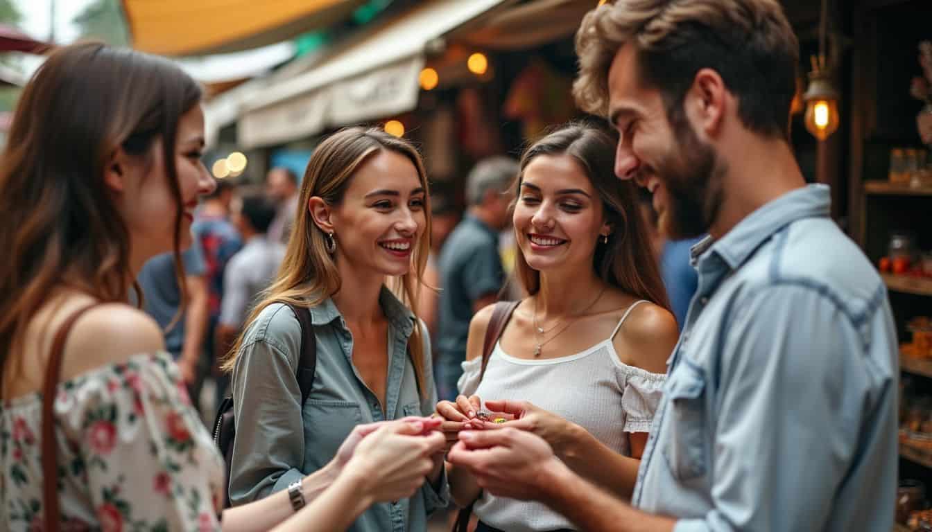 A diverse group of adults exchanging engagement rings in an international market. A diverse group of adults exchanging engagement rings in an international market.