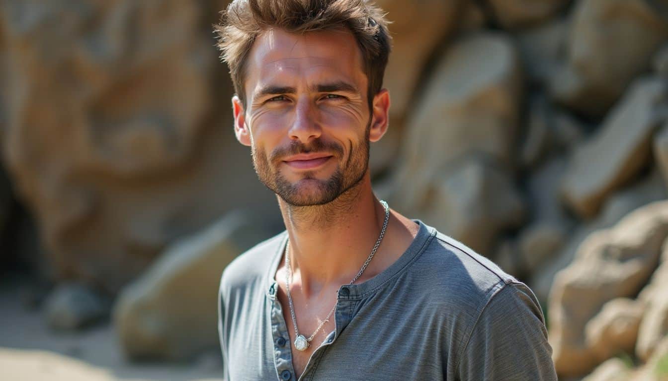 A mid-30s man wearing engagement ring necklace in outdoor setting. A mid-30s man wearing engagement ring necklace in outdoor setting.