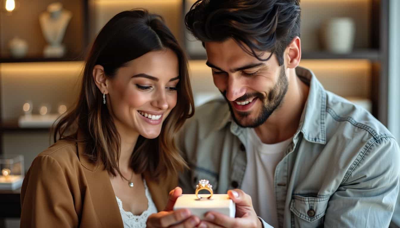 A young couple examining a modern engagement ring in a boutique. A young couple examining a modern engagement ring in a boutique.