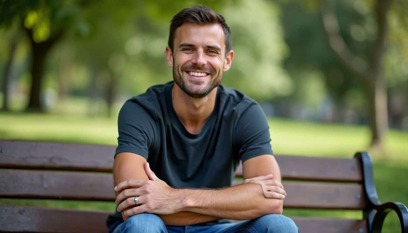 A relaxed man in his mid-30s sits on a park bench. A relaxed man in his mid-30s sits on a park bench.