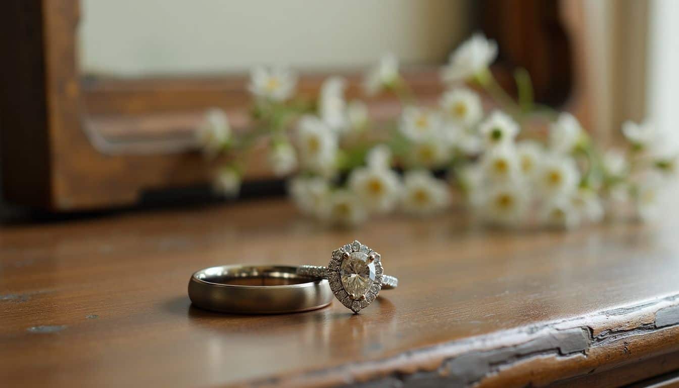 A well-worn wedding band and sparkling engagement ring on wooden dresser. A well-worn wedding band and sparkling engagement ring on wooden dresser.