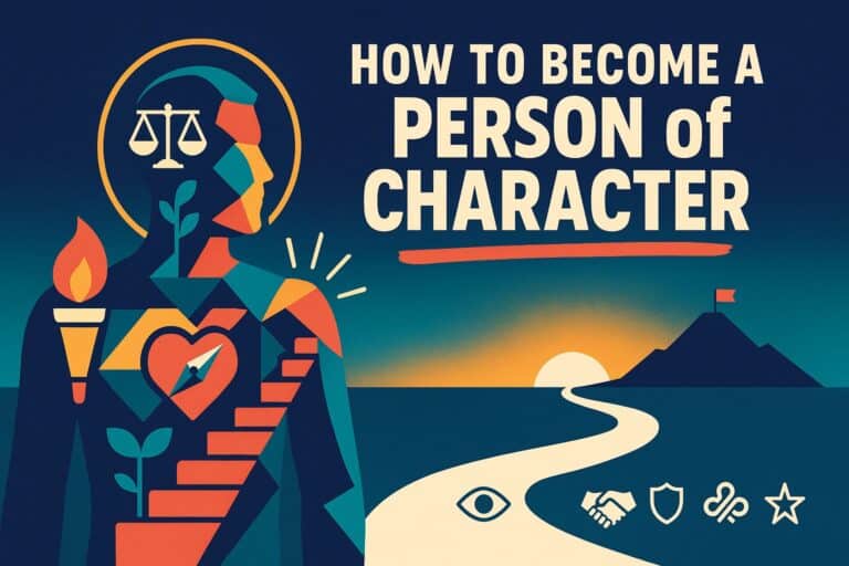 Insightful illustration of personal growth and character development, emphasizing qualities like integrity, resilience, and self-improvement with an inspiring sunset background.