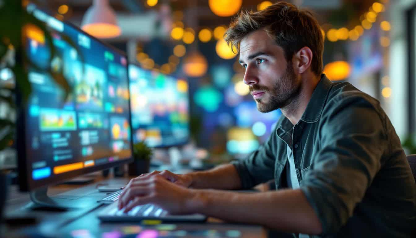 A man in his 30s explores a vibrant blockchain-based metaverse. A man in his 30s explores a vibrant blockchain-based metaverse.