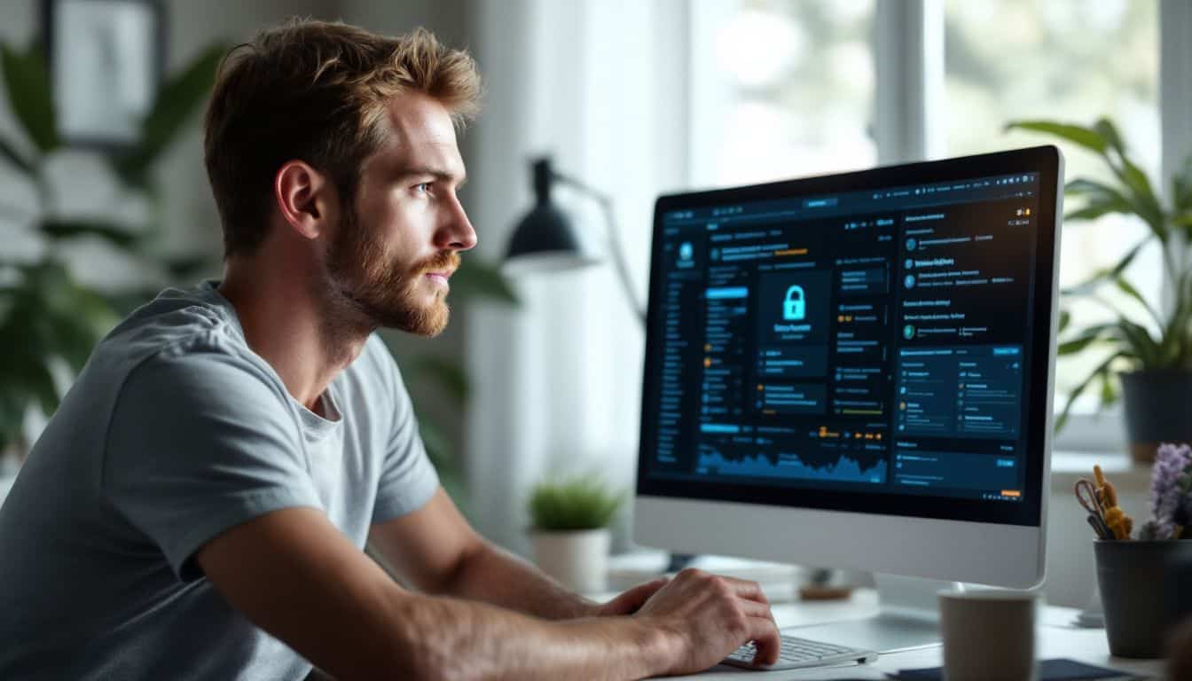 A man in his mid-30s is focused on a blockchain security interface on his computer screen at a desk. A man in his mid-30s is focused on a blockchain security interface on his computer screen at a desk.