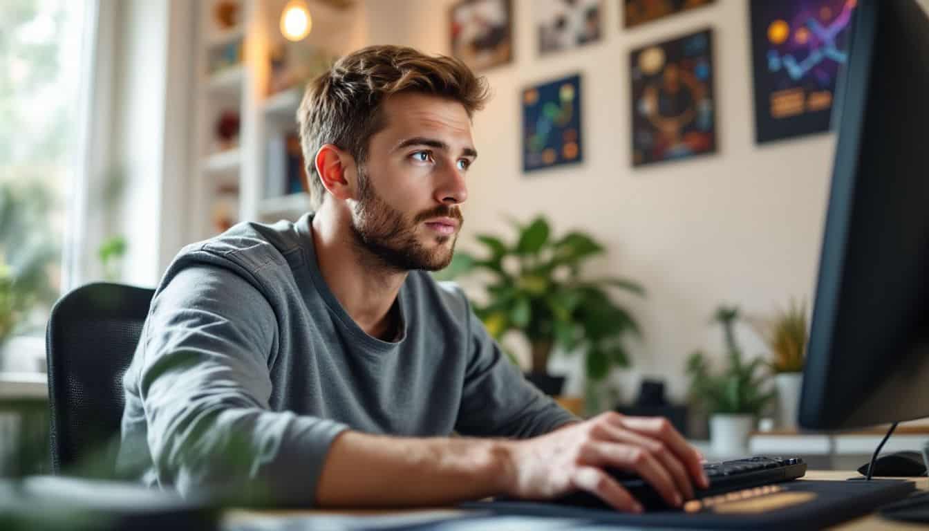 A man in his 30s playing Axie Infinity on his computer. A man in his 30s playing Axie Infinity on his computer.