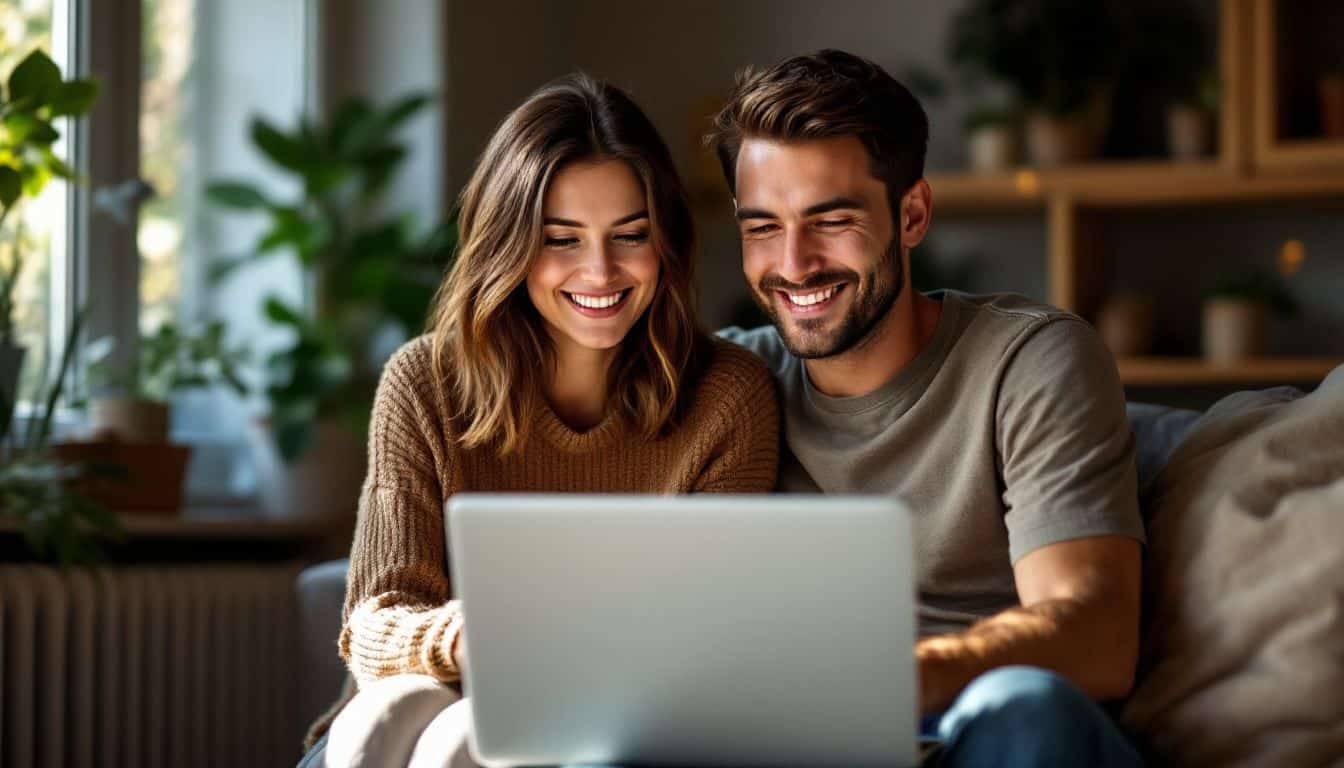 A young couple smiling while trading in-game assets on a laptop. A young couple smiling while trading in-game assets on a laptop.