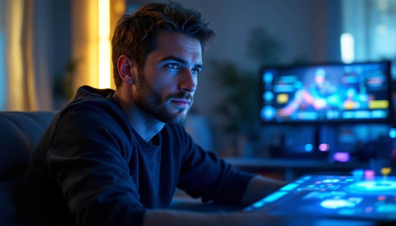 A man playing a blockchain-based game on a holographic display. A man playing a blockchain-based game on a holographic display.