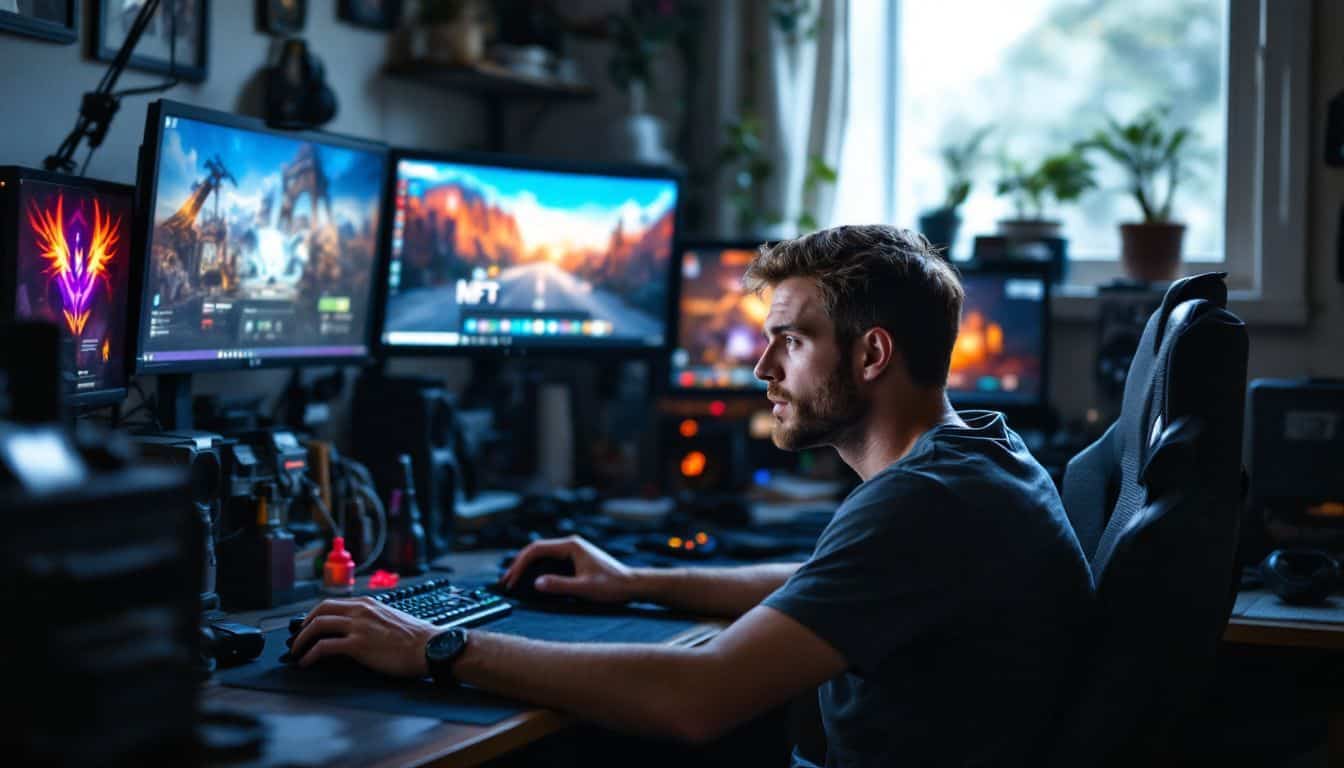 A man in his 30s sitting at a cluttered desk with gaming items and computer screens. A man in his 30s sitting at a cluttered desk with gaming items and computer screens.