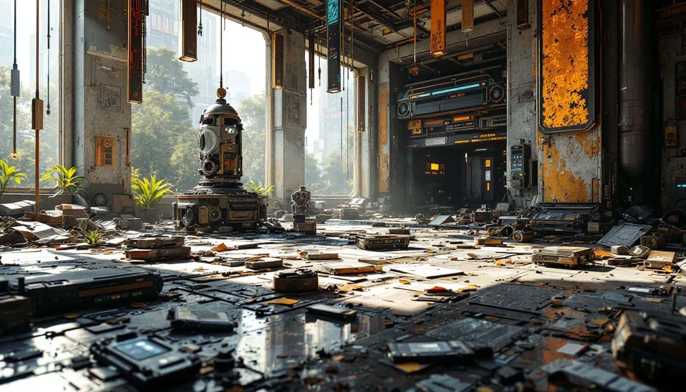 An abandoned futuristic video game world with glitched graphics and digital elements. An abandoned futuristic video game world with glitched graphics and digital elements.