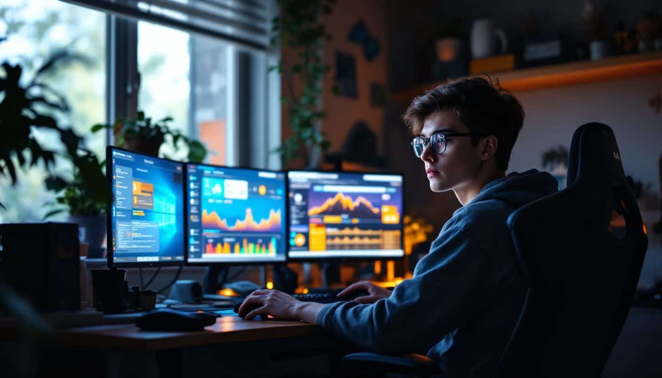 A focused teenage gamer sits at a cluttered desk with gaming equipment and computer screens. A focused teenage gamer sits at a cluttered desk with gaming equipment and computer screens.