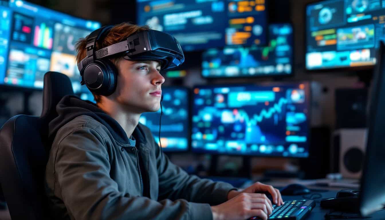 A male teenager sits surrounded by digital screens displaying blockchain and gaming interfaces. A male teenager sits surrounded by digital screens displaying blockchain and gaming interfaces.