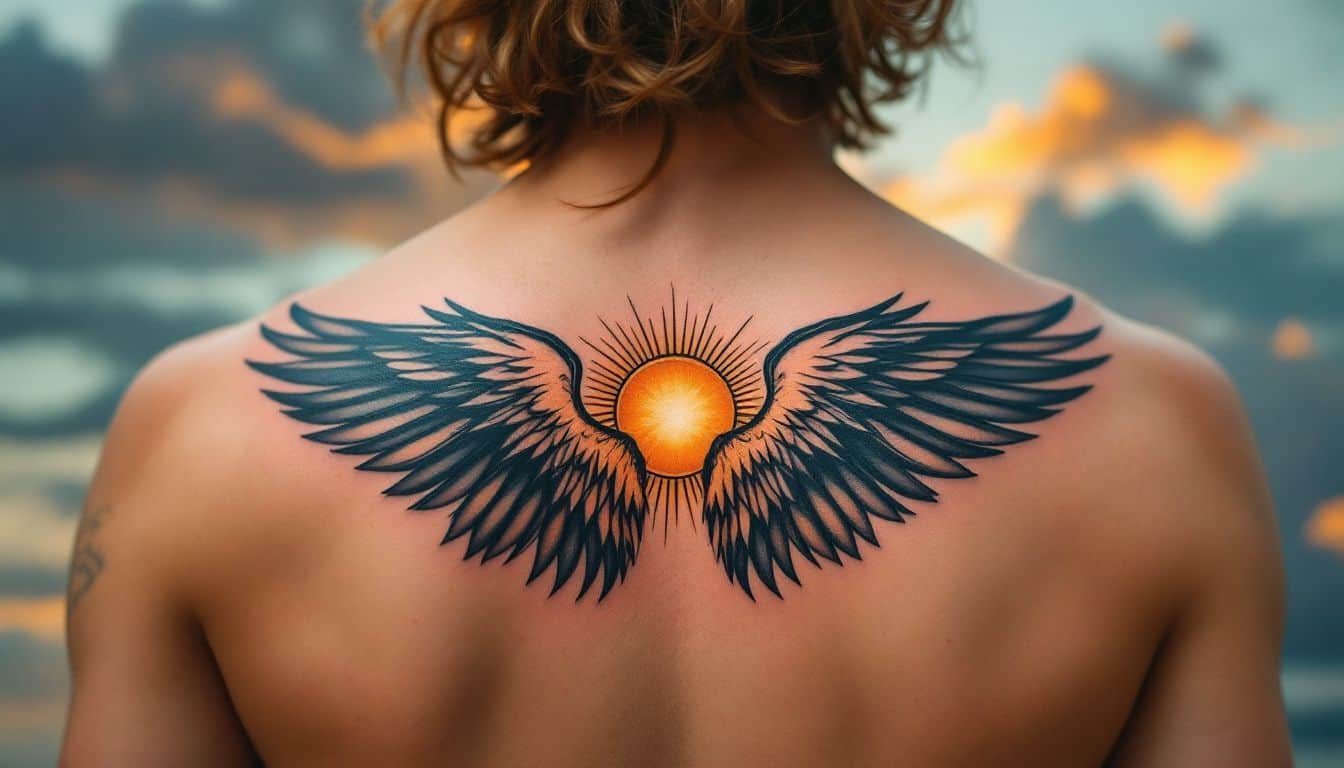 A tattoo design of Icarus with detailed wings and sun.