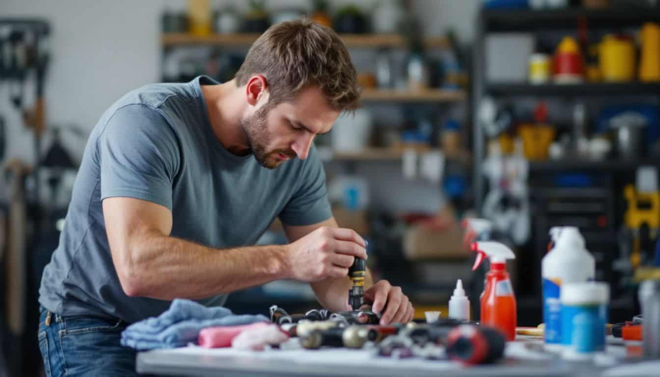 A man in his thirties is carefully cleaning power tool components in his garage. A man in his thirties is carefully cleaning power tool components in his garage.