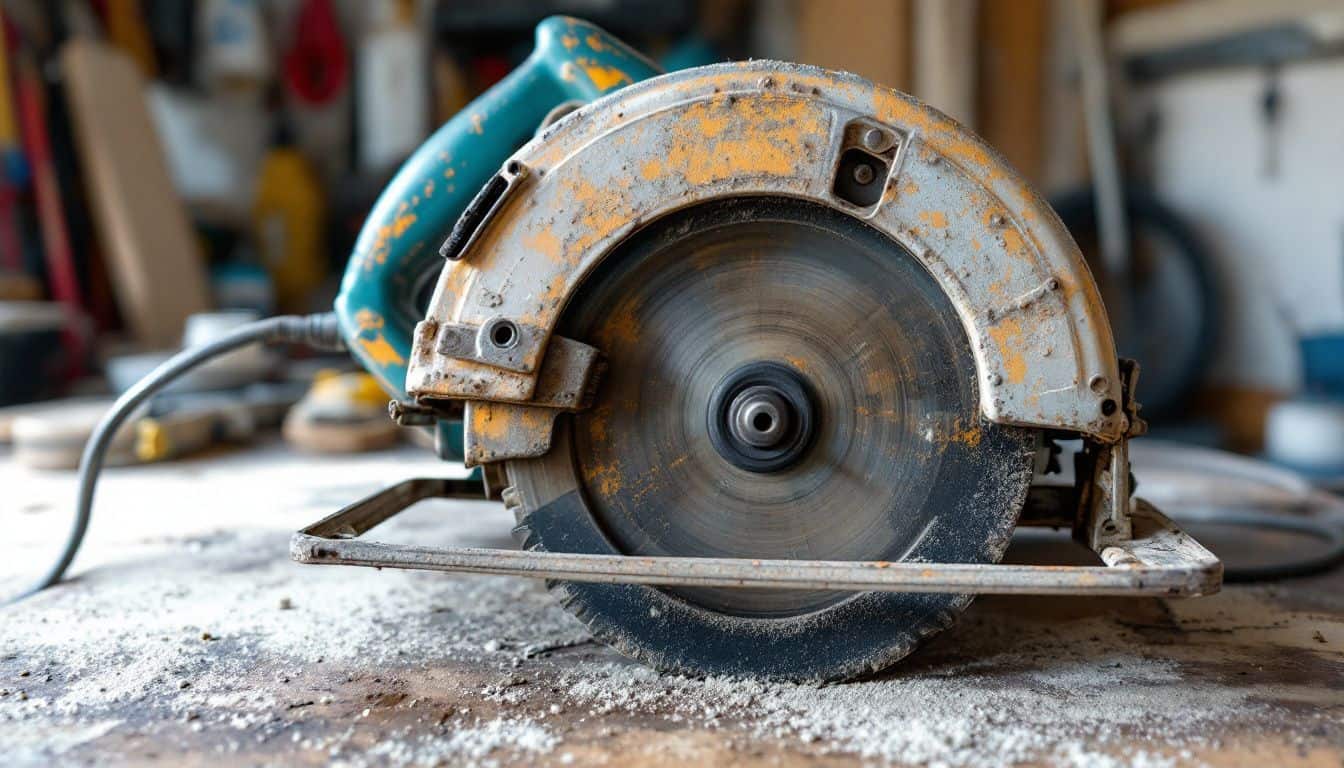 A dusty circular saw sits on a messy workbench in a garage. A dusty circular saw sits on a messy workbench in a garage.