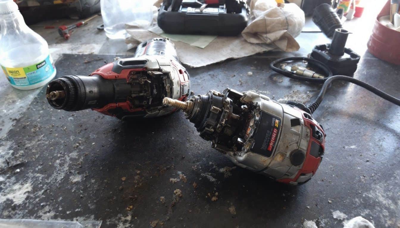 A pair of dirty power tools being cleaned on a cluttered workbench. A pair of dirty power tools being cleaned on a cluttered workbench.