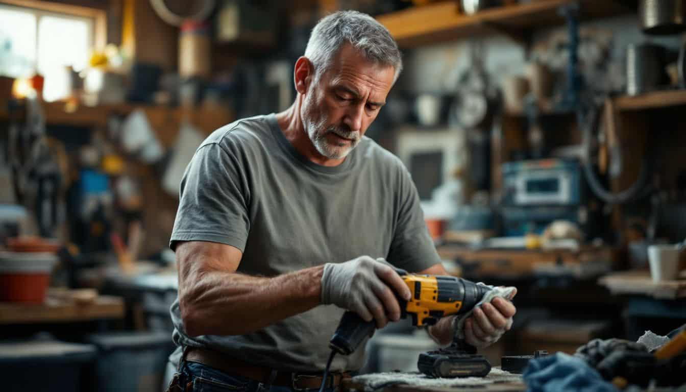 Middle-aged man cleaning a dusty power drill in cluttered workshop. Middle-aged man cleaning a dusty power drill in cluttered workshop.