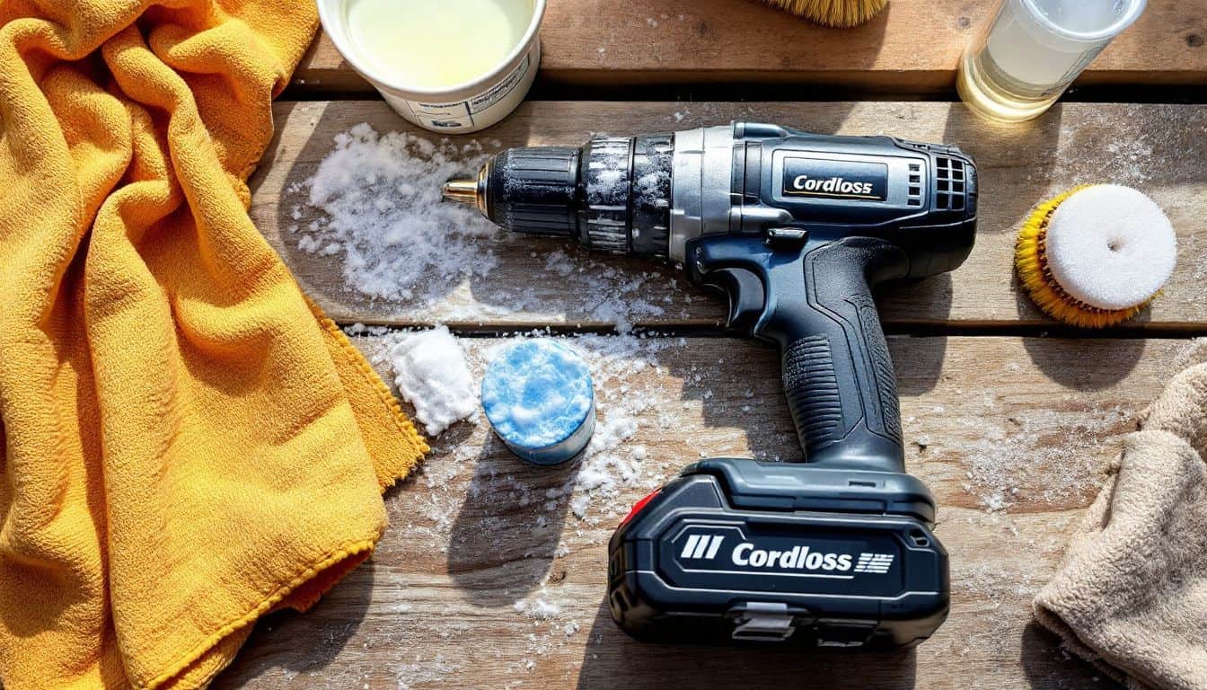 A cordless power tool on a workbench surrounded by cleaning supplies. A cordless power tool on a workbench surrounded by cleaning supplies.