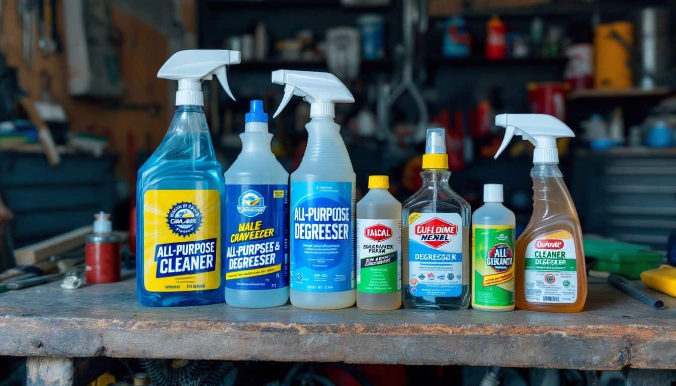 Various all-purpose cleaners and degreasers arranged on a cluttered workbench. Various all-purpose cleaners and degreasers arranged on a cluttered workbench.