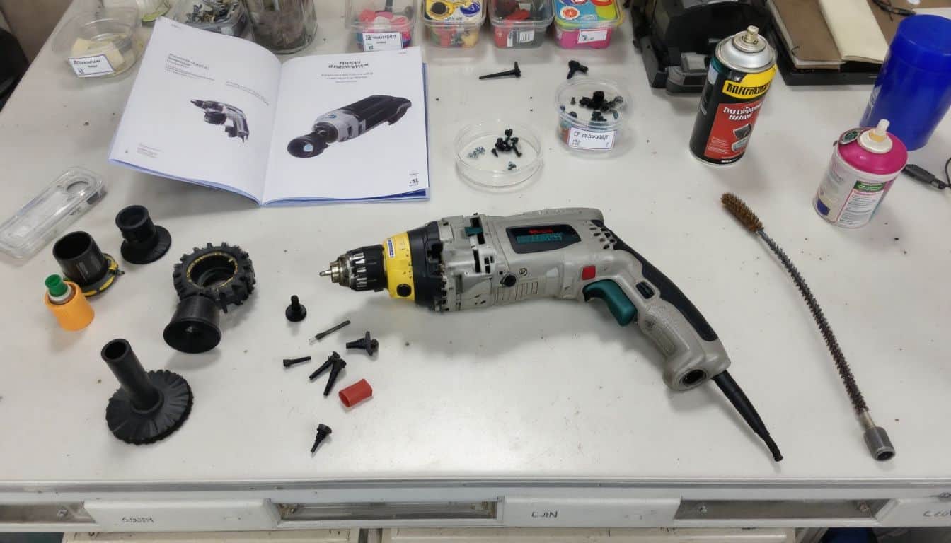A well-used power tool with attachments and accessories on a workbench. A well-used power tool with attachments and accessories on a workbench.