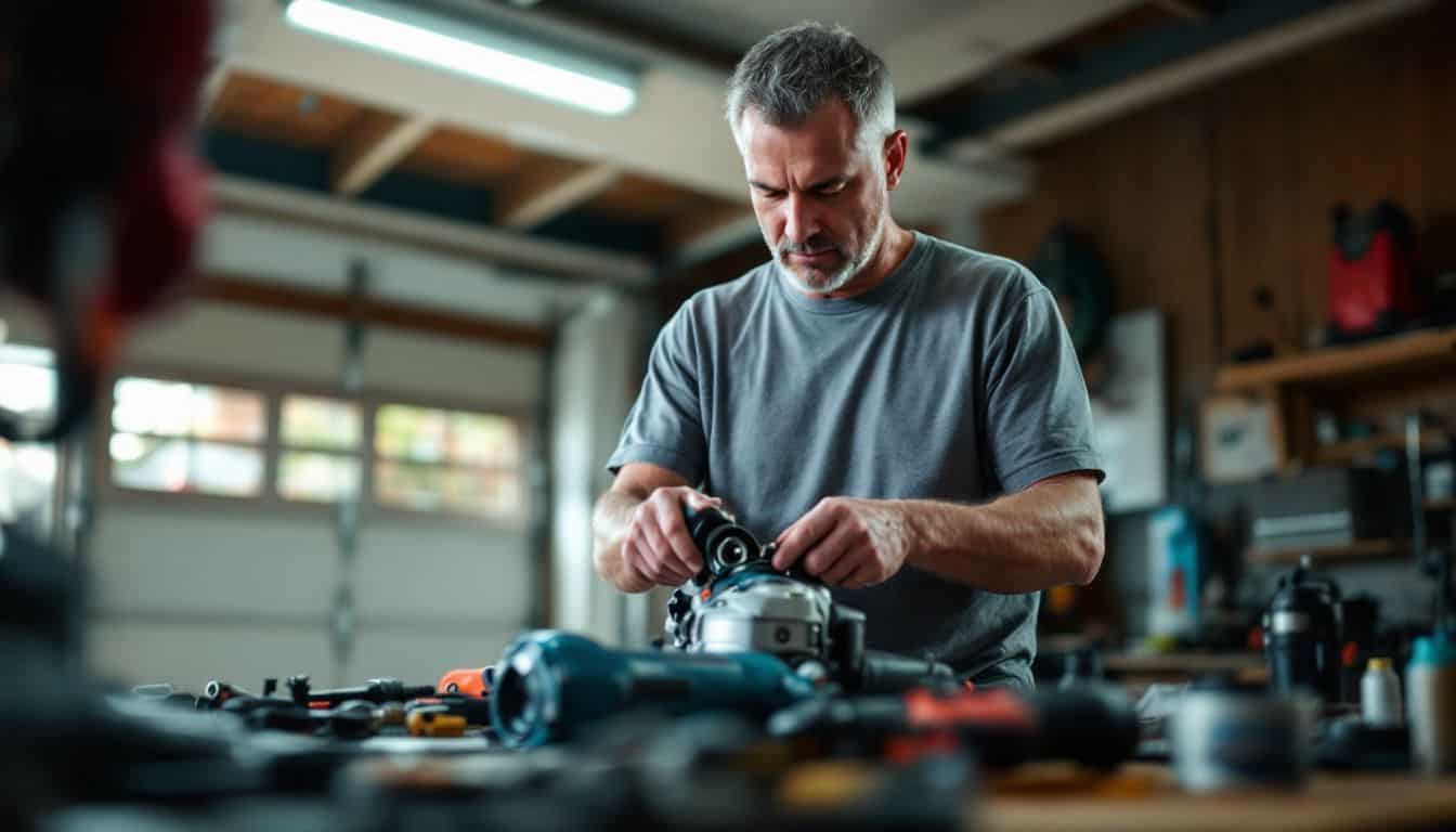 A man reassembling a power tool in a garage workspace. A man reassembling a power tool in a garage workspace.