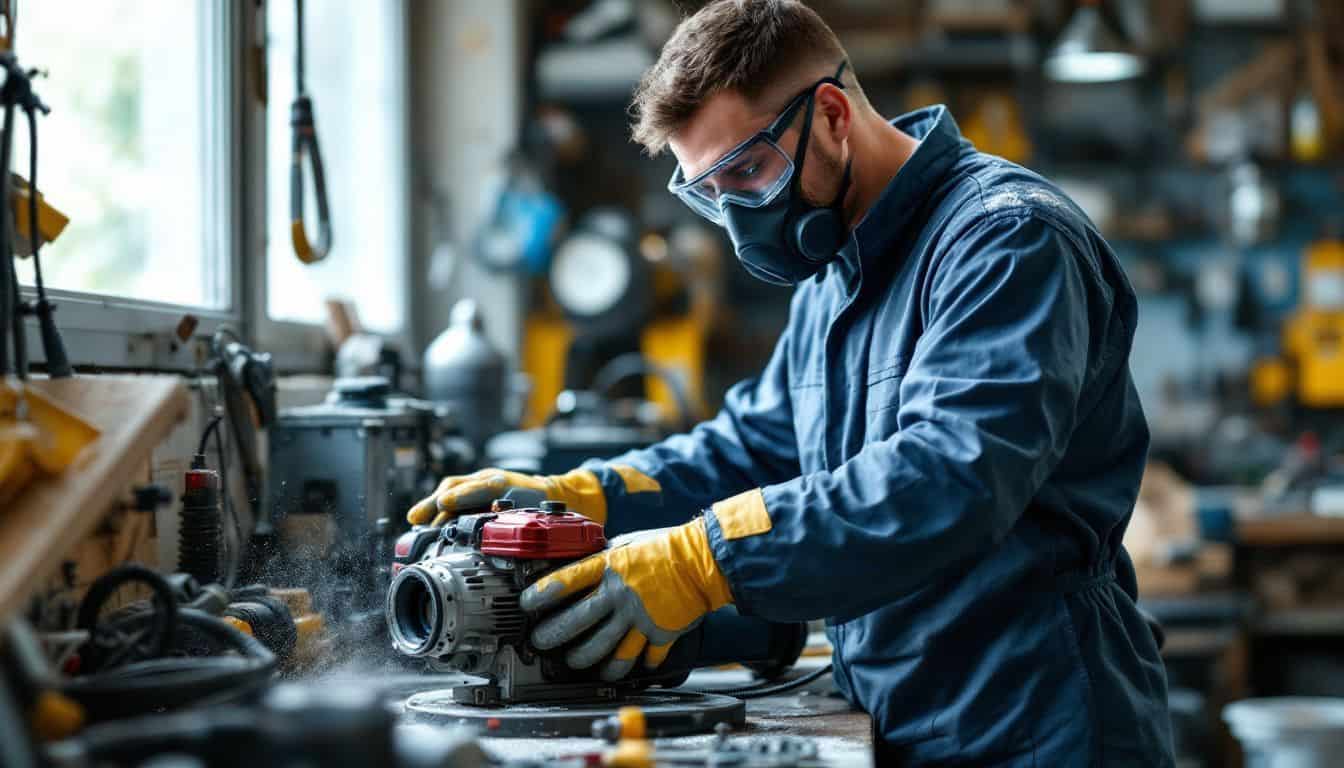 A person in a workshop is cleaning power tools while wearing protective gear. A person in a workshop is cleaning power tools while wearing protective gear.