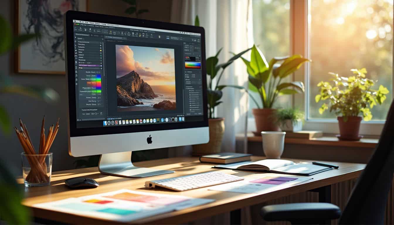 An artist's workstation with a modern computer and design materials. An artist's workstation with a modern computer and design materials.