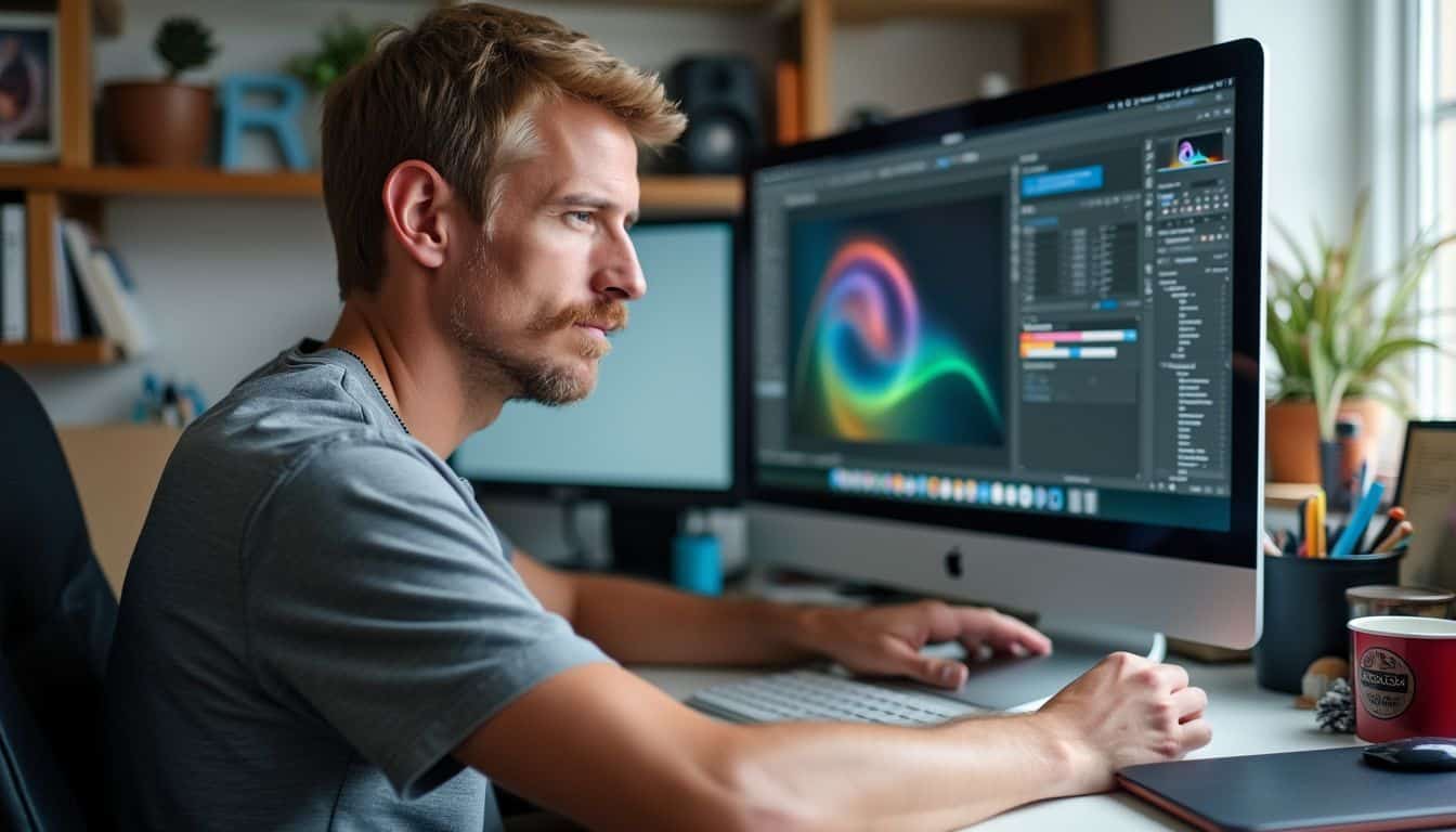 A man in his mid-30s working on CS2 software at a cluttered desk. A man in his mid-30s working on CS2 software at a cluttered desk.