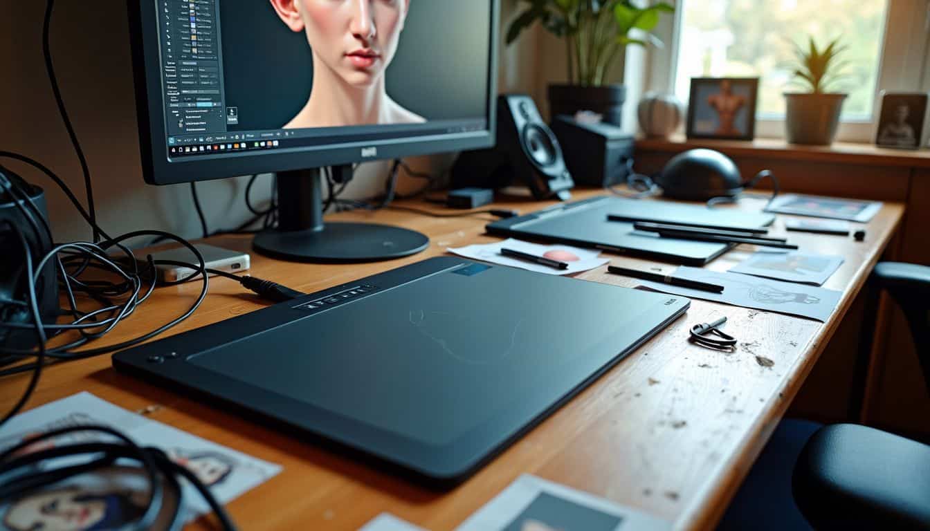 The cluttered desk is filled with graphics tablets, stylus pens, and a computer monitor displaying digital skin creation software. The cluttered desk is filled with graphics tablets, stylus pens, and a computer monitor displaying digital skin creation software.