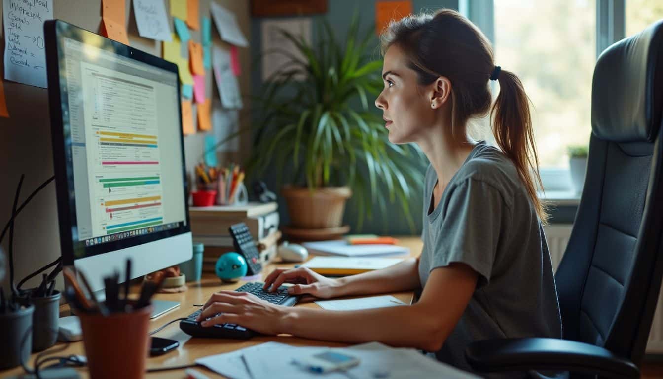 A woman works on her computer at cluttered desk. A woman works on her computer at cluttered desk.