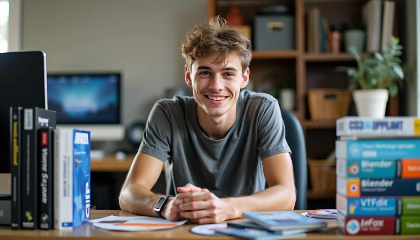 A young man sitting at a cluttered desk with software boxes. A young man sitting at a cluttered desk with software boxes.