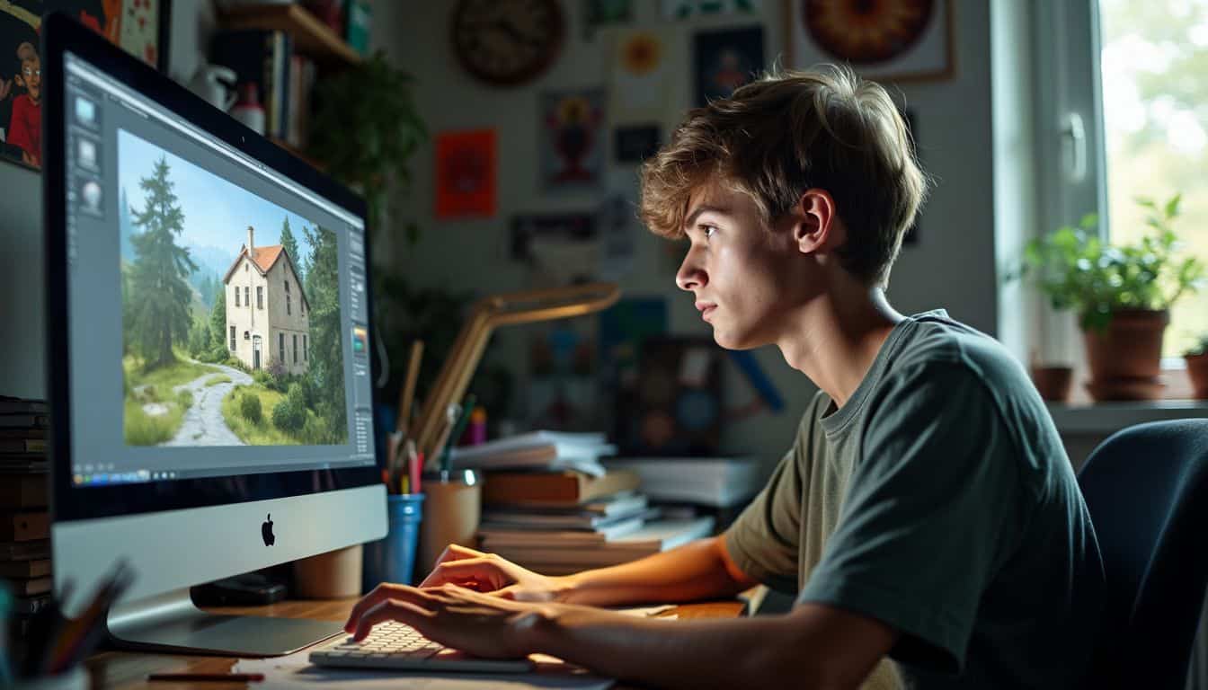 A 16-year-old teenager using CS2 Workbench software to enhance digital art. A 16-year-old teenager using CS2 Workbench software to enhance digital art.