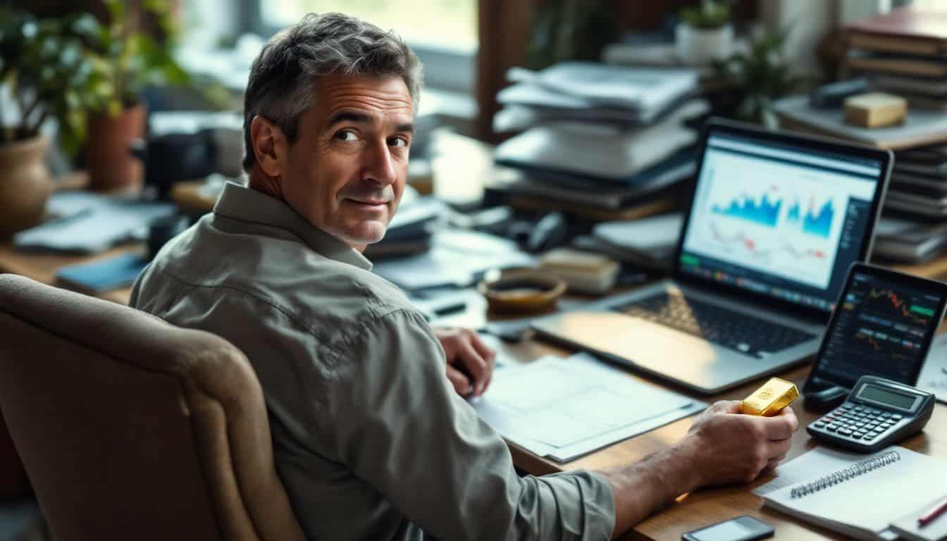 A middle-aged man sits at a cluttered desk surrounded by financial documents and a laptop displaying stock market graphs. A middle-aged man sits at a cluttered desk surrounded by financial documents and a laptop displaying stock market graphs.