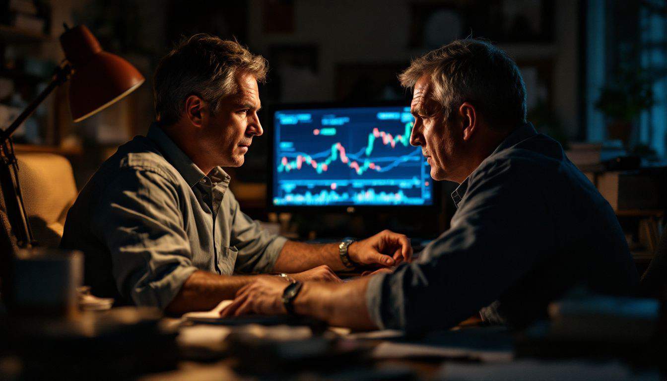 A man is intensely analyzing stock market graphs at his cluttered home office desk. A man is intensely analyzing stock market graphs at his cluttered home office desk.