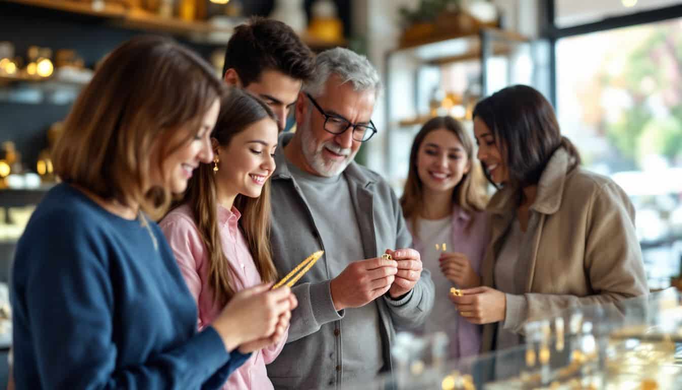 A group of people of different ages is shopping for gold jewelry. A group of people of different ages is shopping for gold jewelry.