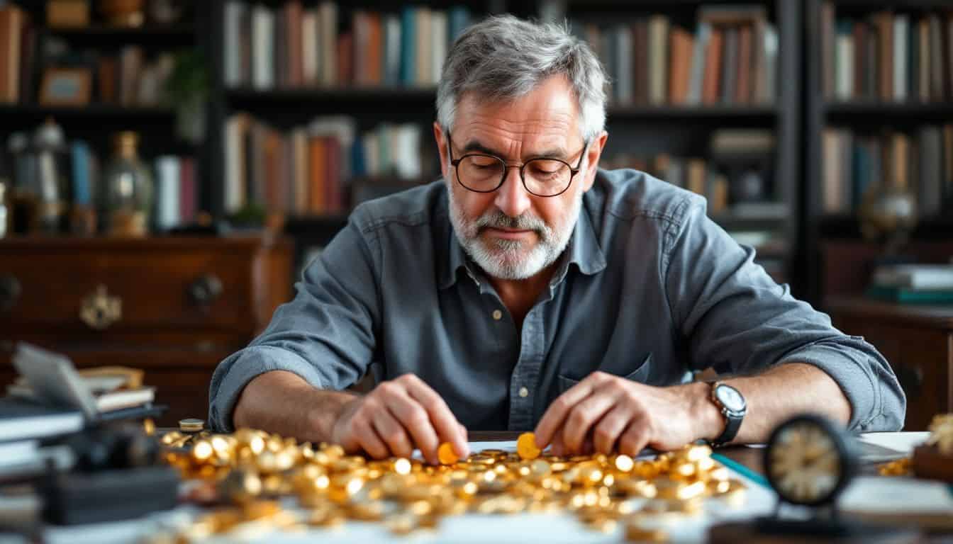 A man examines gold coins and jewelry in a cozy study. A man examines gold coins and jewelry in a cozy study.