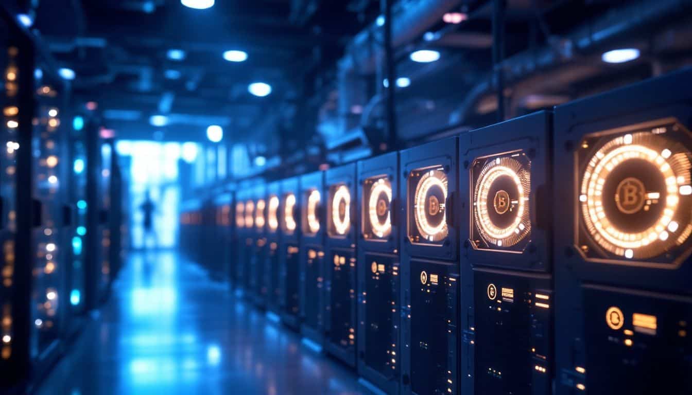 A high-tech cryptocurrency mining farm using renewable energy sources. A high-tech cryptocurrency mining farm using renewable energy sources.