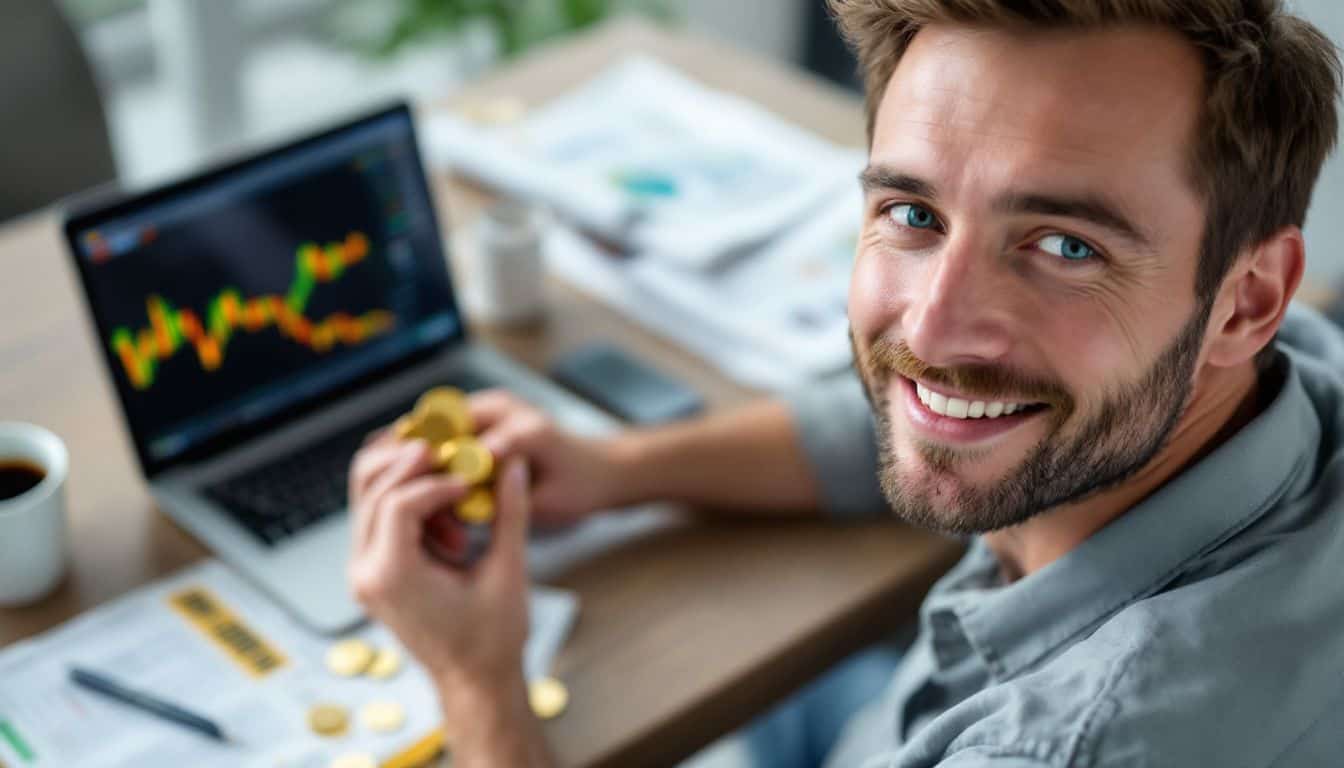 A man at a desk with gold coins, stock market charts, and newspapers. A man at a desk with gold coins, stock market charts, and newspapers.