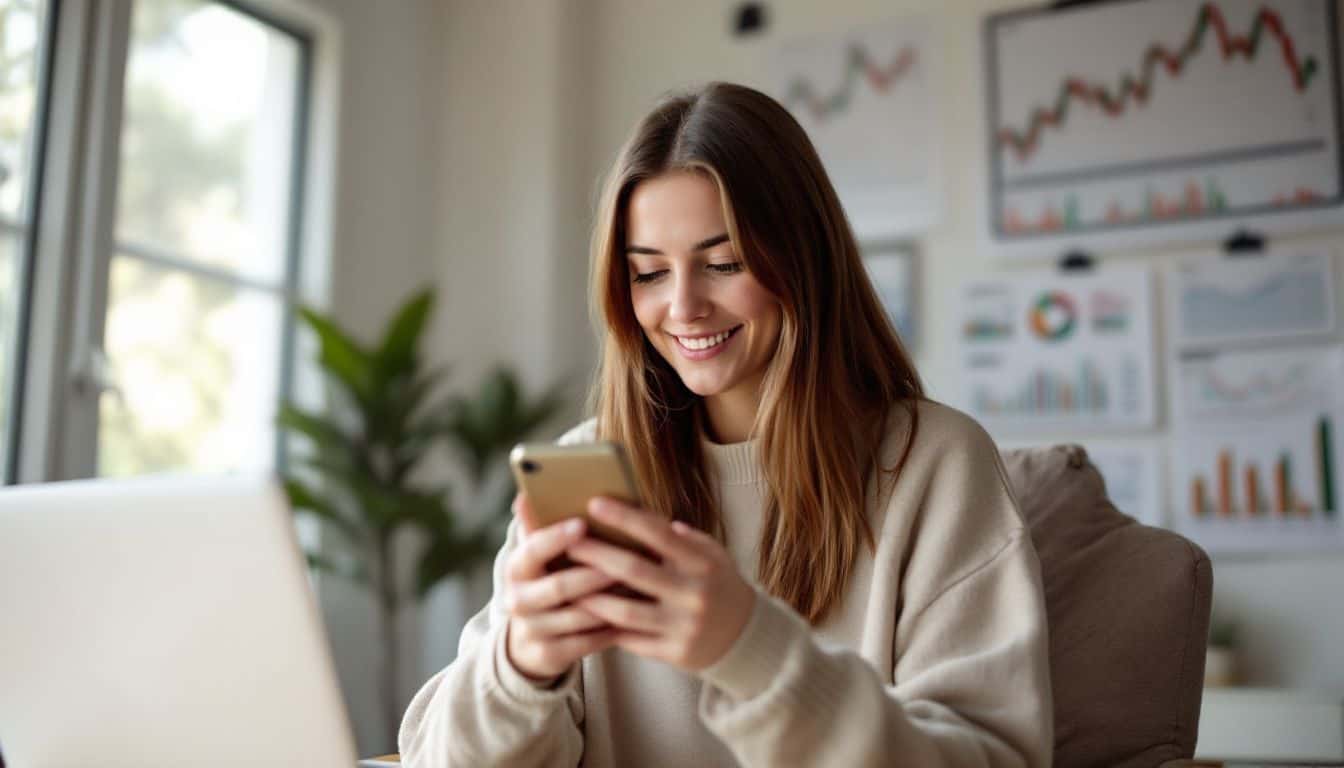 A young woman in a cozy home office checking gold ETF prices.
