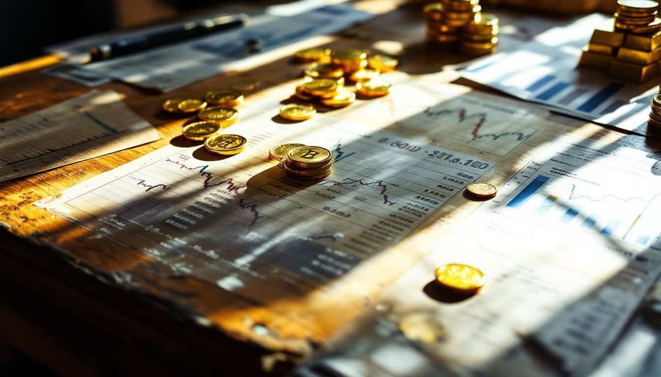 A worn wooden desk covered with financial charts and gold items. A worn wooden desk covered with financial charts and gold items.