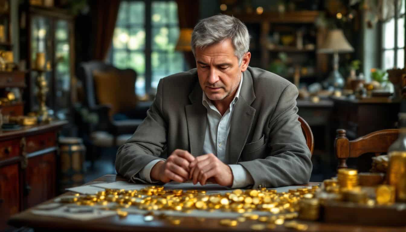 A man examines a collection of gold coins and bars. A man examines a collection of gold coins and bars.