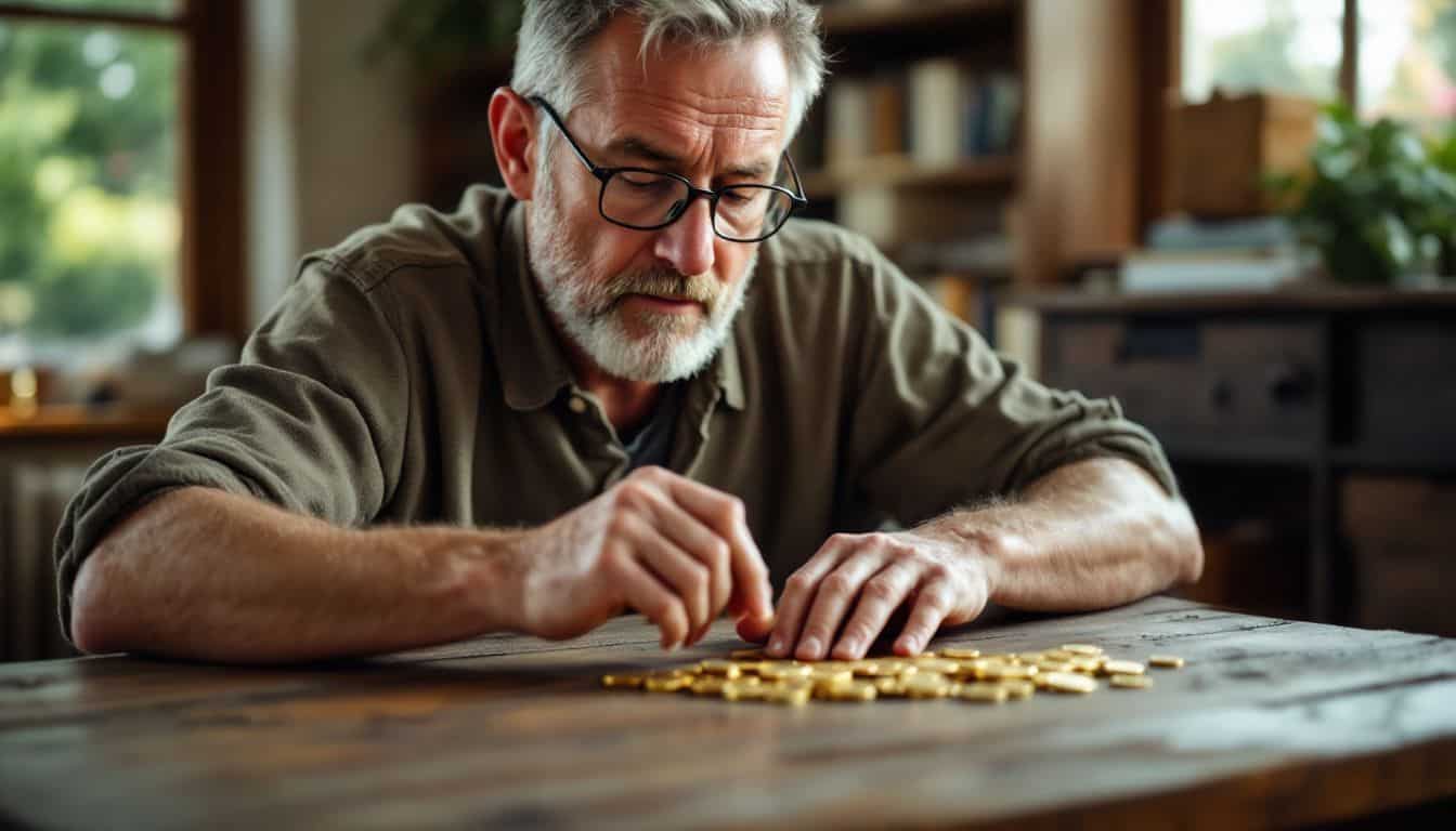 A man examines a collection of gold coins on a wooden table. A man examines a collection of gold coins on a wooden table.