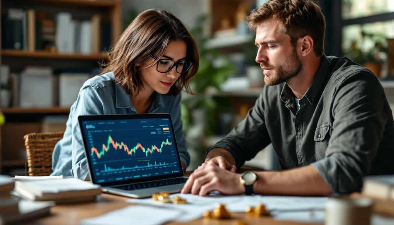 A couple in their 40s, researching gold price fluctuations on a laptop. A couple in their 40s, researching gold price fluctuations on a laptop.