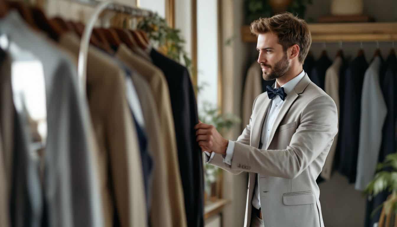 A man in his 30s trying on tuxedo jackets in a boutique.