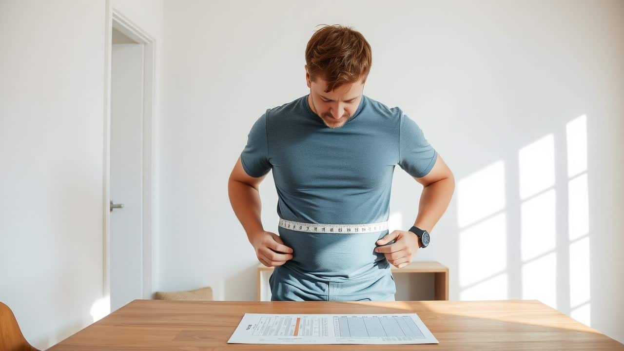 A man measures his chest and waist in a softly lit room.