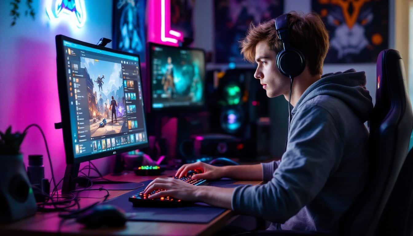 A young gamer checks his in-game inventory at a cluttered desk. A young gamer checks his in-game inventory at a cluttered desk.