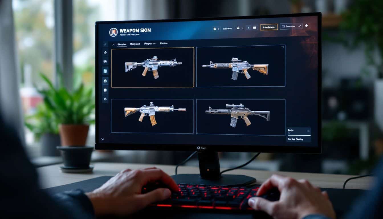 A gaming setup with a computer displaying a first-person shooter game. A gaming setup with a computer displaying a first-person shooter game.