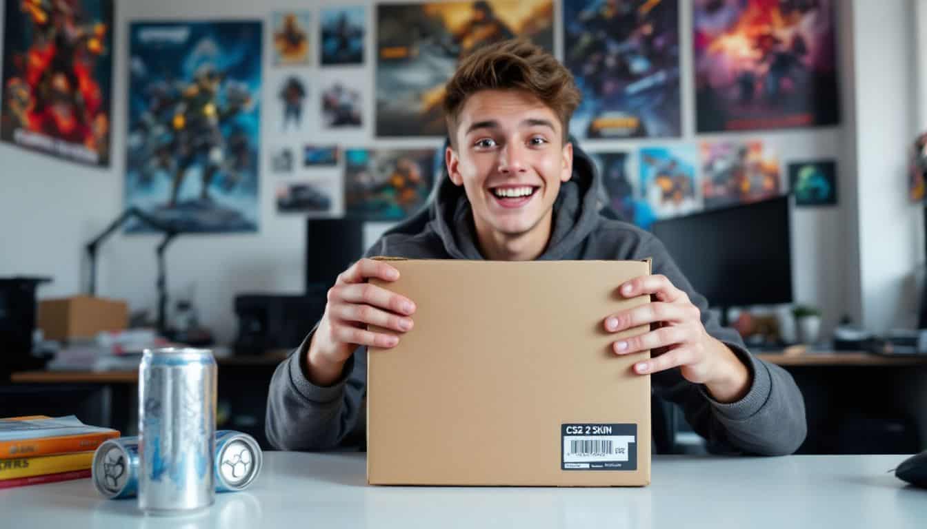 A teenage gamer excitedly unboxes CS2 skin loot crates in cluttered room. A teenage gamer excitedly unboxes CS2 skin loot crates in cluttered room.