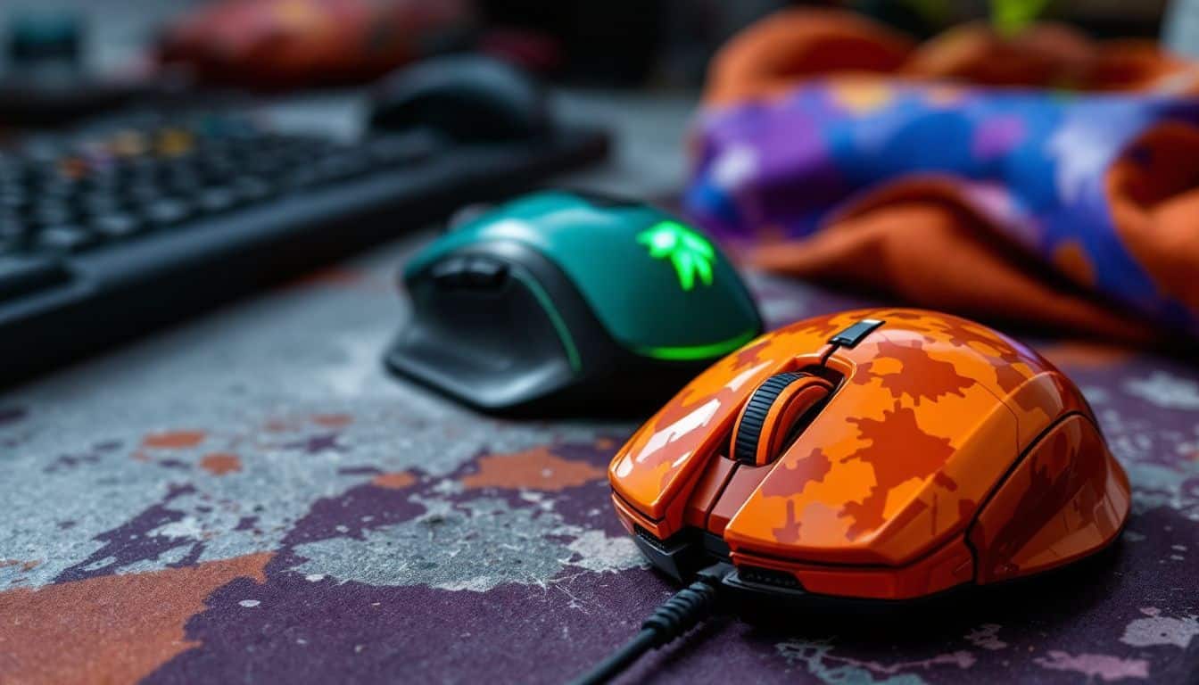 A variety of colorful CS2 gaming skins on a worn desk. A variety of colorful CS2 gaming skins on a worn desk.