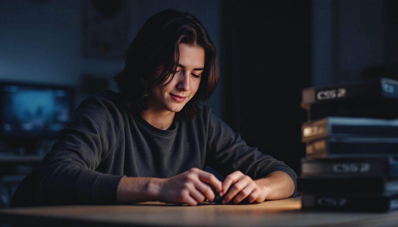 A young adult opening a CS2 case at a table. A young adult opening a CS2 case at a table.