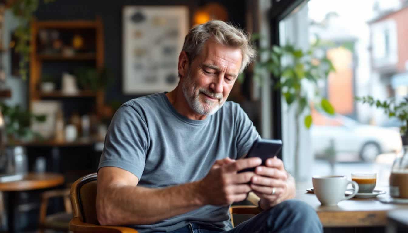 A middle-aged man in a casual coffee shop browsing investment apps. A middle-aged man in a casual coffee shop browsing investment apps.